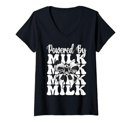 Damen Angetrieben von Milk Dairy Farmer Cow Dairy Farming Girl Mom T-Shirt mit V-Ausschnitt von Womens Coquette Bow Dairy Farmer Cow Farming Gifts