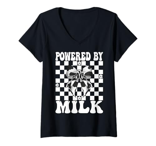 Damen Angetrieben von Milk Dairy Farmer Cow Dairy Farming Girl Mom T-Shirt mit V-Ausschnitt von Womens Coquette Bow Dairy Farmer Cow Farming Gifts