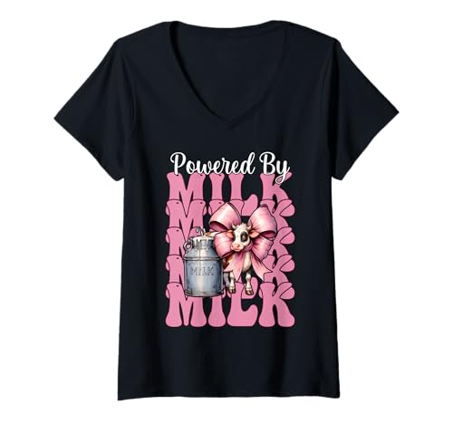 Damen Angetrieben von Milk Dairy Farmer Cow Dairy Farming Girl Mom T-Shirt mit V-Ausschnitt von Womens Coquette Bow Dairy Farmer Cow Farming Gifts