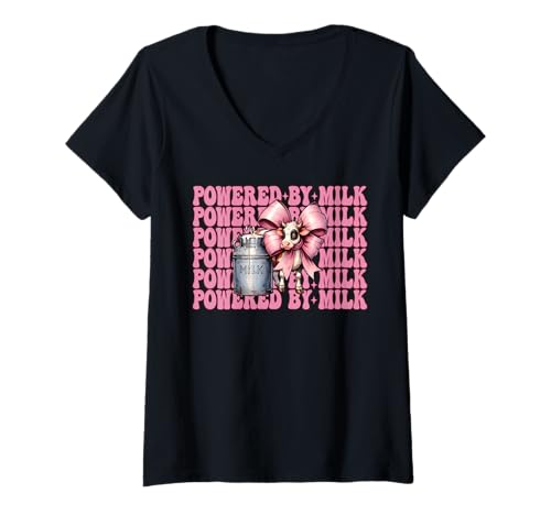 Damen Angetrieben von Milk Dairy Farmer Cow Dairy Farming Girl Mom T-Shirt mit V-Ausschnitt von Womens Coquette Bow Dairy Farmer Cow Farming Gifts