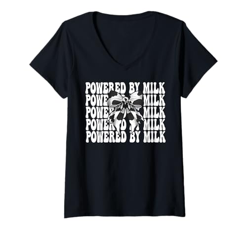 Damen Angetrieben von Milk Dairy Farmer Cow Dairy Farming Girl Mom T-Shirt mit V-Ausschnitt von Womens Coquette Bow Dairy Farmer Cow Farming Gifts