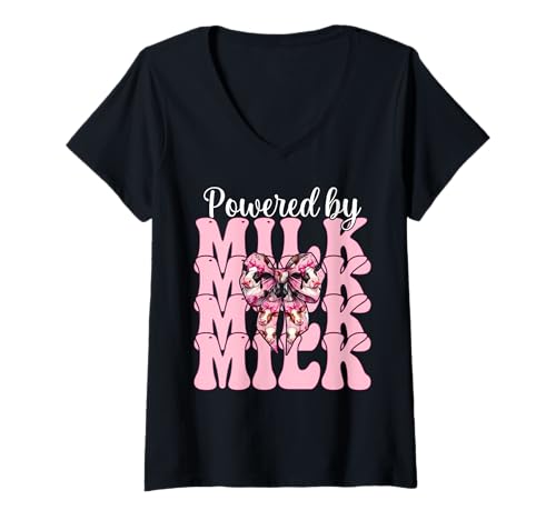 Damen Angetrieben von Milk Dairy Farmer Cow Dairy Farming Girl Mom T-Shirt mit V-Ausschnitt von Womens Coquette Bow Dairy Farmer Cow Farming Gifts
