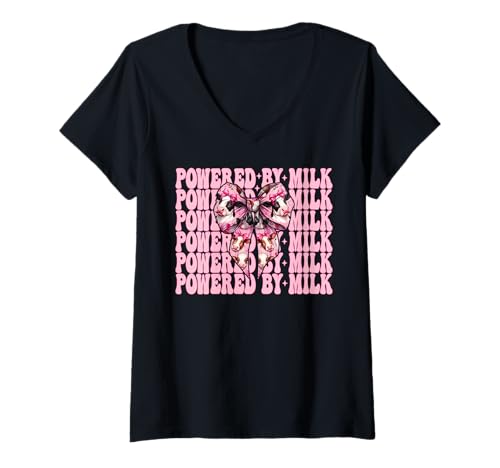 Damen Angetrieben von Milk Dairy Farmer Cow Dairy Farming Girl Mom T-Shirt mit V-Ausschnitt von Womens Coquette Bow Dairy Farmer Cow Farming Gifts