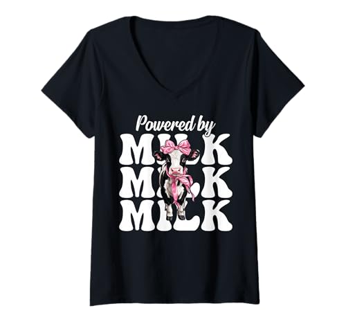 Damen Angetrieben von Milk Dairy Farmer Cow Dairy Farming Girl Mom T-Shirt mit V-Ausschnitt von Womens Coquette Bow Dairy Farmer Cow Farming Gifts