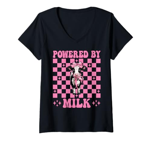 Damen Angetrieben von Milk Dairy Farmer Cow Dairy Farming Girl Mom T-Shirt mit V-Ausschnitt von Womens Coquette Bow Dairy Farmer Cow Farming Gifts