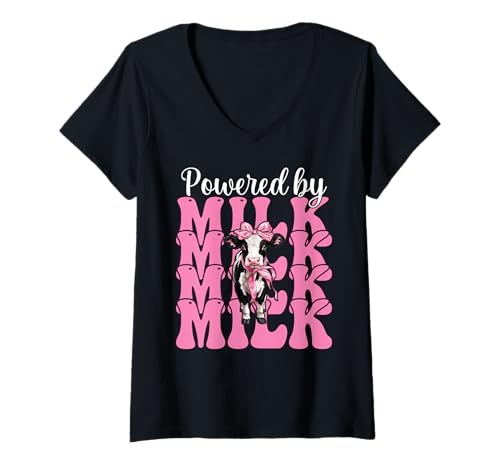 Damen Angetrieben von Milk Dairy Farmer Cow Dairy Farming Girl Mom T-Shirt mit V-Ausschnitt von Womens Coquette Bow Dairy Farmer Cow Farming Gifts