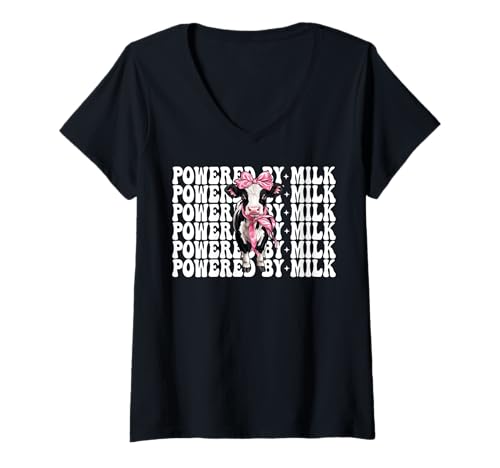 Damen Angetrieben von Milk Dairy Farmer Cow Dairy Farming Girl Mom T-Shirt mit V-Ausschnitt von Womens Coquette Bow Dairy Farmer Cow Farming Gifts