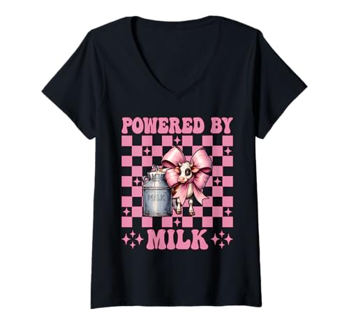Damen Angetrieben von Milk Dairy Farmer Cow Dairy Farming Girl Mom T-Shirt mit V-Ausschnitt von Womens Coquette Bow Dairy Farmer Cow Farming Gifts