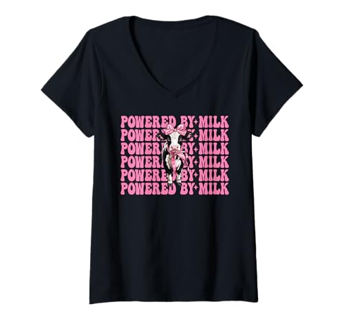 Damen Angetrieben von Milk Dairy Farmer Cow Dairy Farming Girl Mom T-Shirt mit V-Ausschnitt von Womens Coquette Bow Dairy Farmer Cow Farming Gifts