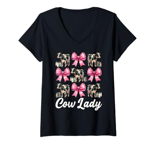 Damen Cow Lady Dairy Farmer Cow Dairy Farming Girl Mom Kokette T-Shirt mit V-Ausschnitt von Womens Coquette Bow Dairy Farmer Cow Farming Gifts