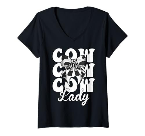 Damen Cow Lady Dairy Farmer Cow Dairy Farming Girl Mom Kokette T-Shirt mit V-Ausschnitt von Womens Coquette Bow Dairy Farmer Cow Farming Gifts