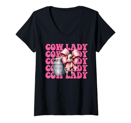 Damen Cow Lady Dairy Farmer Cow Dairy Farming Girl Mom Kokette T-Shirt mit V-Ausschnitt von Womens Coquette Bow Dairy Farmer Cow Farming Gifts