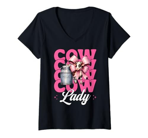 Damen Cow Lady Dairy Farmer Cow Dairy Farming Girl Mom Kokette T-Shirt mit V-Ausschnitt von Womens Coquette Bow Dairy Farmer Cow Farming Gifts