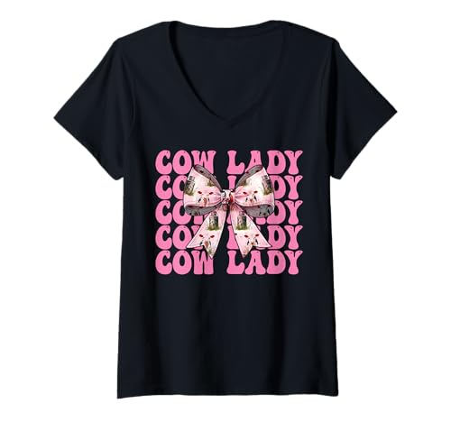 Damen Cow Lady Dairy Farmer Cow Dairy Farming Girl Mom Kokette T-Shirt mit V-Ausschnitt von Womens Coquette Bow Dairy Farmer Cow Farming Gifts