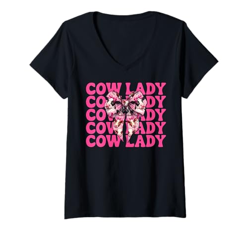 Damen Cow Lady Dairy Farmer Cow Dairy Farming Girl Mom Kokette T-Shirt mit V-Ausschnitt von Womens Coquette Bow Dairy Farmer Cow Farming Gifts