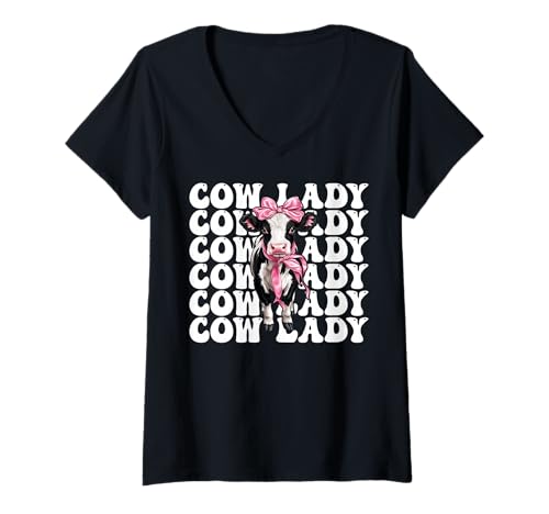 Damen Cow Lady Dairy Farmer Cow Dairy Farming Girl Mom Kokette T-Shirt mit V-Ausschnitt von Womens Coquette Bow Dairy Farmer Cow Farming Gifts