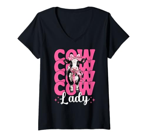 Damen Cow Lady Dairy Farmer Cow Dairy Farming Girl Mom Kokette T-Shirt mit V-Ausschnitt von Womens Coquette Bow Dairy Farmer Cow Farming Gifts