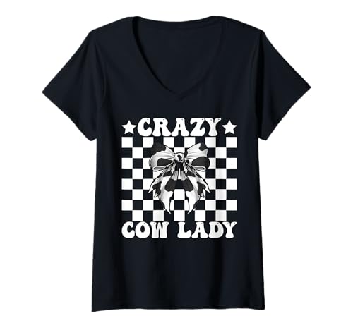 Damen Crazy Cow Lady, lustige Milchbauerin, Kuh, Milchviehbetrieb, Mädchen, Mama T-Shirt mit V-Ausschnitt von Womens Coquette Bow Dairy Farmer Cow Farming Gifts