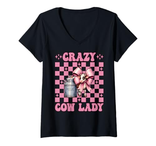Damen Crazy Cow Lady, lustige Milchbauerin, Kuh, Milchviehbetrieb, Mädchen, Mama T-Shirt mit V-Ausschnitt von Womens Coquette Bow Dairy Farmer Cow Farming Gifts