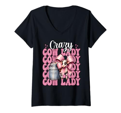 Damen Crazy Cow Lady, lustige Milchbauerin, Kuh, Milchviehbetrieb, Mädchen, Mama T-Shirt mit V-Ausschnitt von Womens Coquette Bow Dairy Farmer Cow Farming Gifts