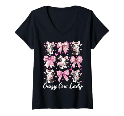 Damen Crazy Cow Lady, lustige Milchbauerin, Kuh, Milchviehbetrieb, Mädchen, Mama T-Shirt mit V-Ausschnitt von Womens Coquette Bow Dairy Farmer Cow Farming Gifts