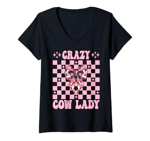 Damen Crazy Cow Lady, lustige Milchbauerin, Kuh, Milchviehbetrieb, Mädchen, Mama T-Shirt mit V-Ausschnitt von Womens Coquette Bow Dairy Farmer Cow Farming Gifts