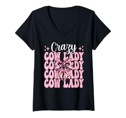 Damen Crazy Cow Lady, lustige Milchbauerin, Kuh, Milchviehbetrieb, Mädchen, Mama T-Shirt mit V-Ausschnitt von Womens Coquette Bow Dairy Farmer Cow Farming Gifts