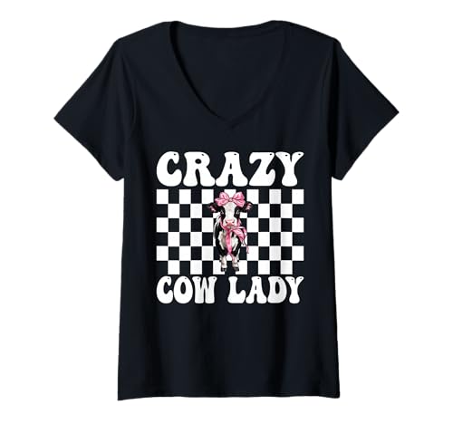 Damen Crazy Cow Lady, lustige Milchbauerin, Kuh, Milchviehbetrieb, Mädchen, Mama T-Shirt mit V-Ausschnitt von Womens Coquette Bow Dairy Farmer Cow Farming Gifts