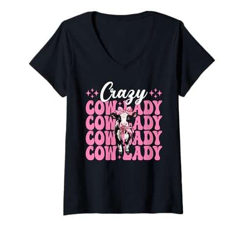 Damen Crazy Cow Lady, lustige Milchbauerin, Kuh, Milchviehbetrieb, Mädchen, Mama T-Shirt mit V-Ausschnitt von Womens Coquette Bow Dairy Farmer Cow Farming Gifts
