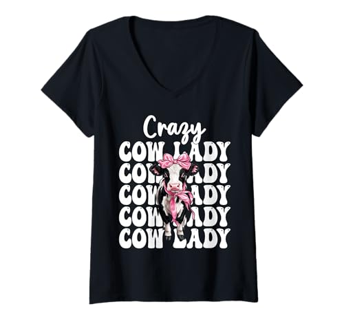 Damen Crazy Cow Lady, lustige Milchbauerin, Kuh, Milchviehbetrieb, Mädchen, Mama T-Shirt mit V-Ausschnitt von Womens Coquette Bow Dairy Farmer Cow Farming Gifts