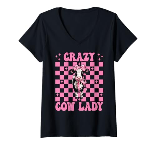 Damen Crazy Cow Lady, lustige Milchbauerin, Kuh, Milchviehbetrieb, Mädchen, Mama T-Shirt mit V-Ausschnitt von Womens Coquette Bow Dairy Farmer Cow Farming Gifts