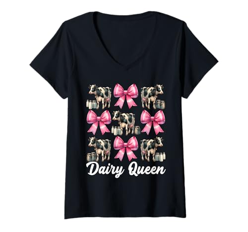 Damen Dairy Queen Dairy Farmer Kuh Milch Landwirtschaft Mädchen Mama Kokette T-Shirt mit V-Ausschnitt von Womens Coquette Bow Dairy Farmer Cow Farming Gifts