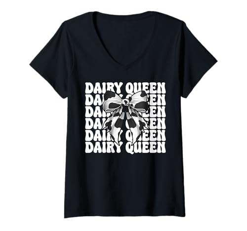 Damen Dairy Queen Dairy Farmer Kuh Milch Landwirtschaft Mädchen Mama Kokette T-Shirt mit V-Ausschnitt von Womens Coquette Bow Dairy Farmer Cow Farming Gifts