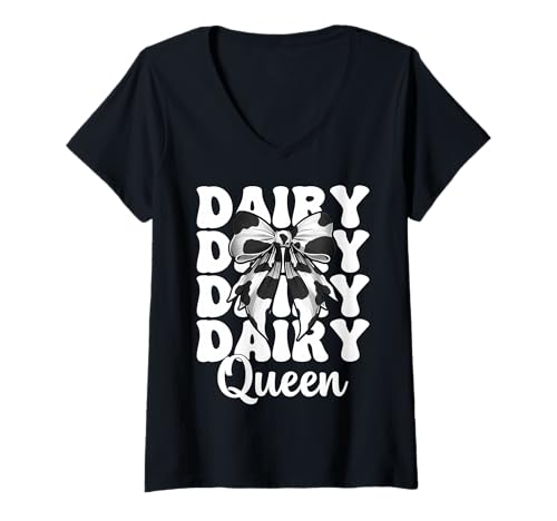 Damen Dairy Queen Dairy Farmer Kuh Milch Landwirtschaft Mädchen Mama Kokette T-Shirt mit V-Ausschnitt von Womens Coquette Bow Dairy Farmer Cow Farming Gifts