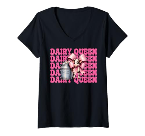 Damen Dairy Queen Dairy Farmer Kuh Milch Landwirtschaft Mädchen Mama Kokette T-Shirt mit V-Ausschnitt von Womens Coquette Bow Dairy Farmer Cow Farming Gifts