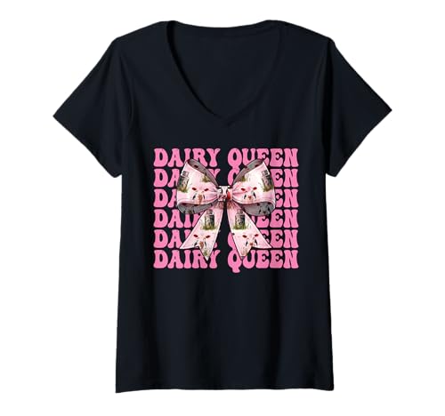 Damen Dairy Queen Dairy Farmer Kuh Milch Landwirtschaft Mädchen Mama Kokette T-Shirt mit V-Ausschnitt von Womens Coquette Bow Dairy Farmer Cow Farming Gifts