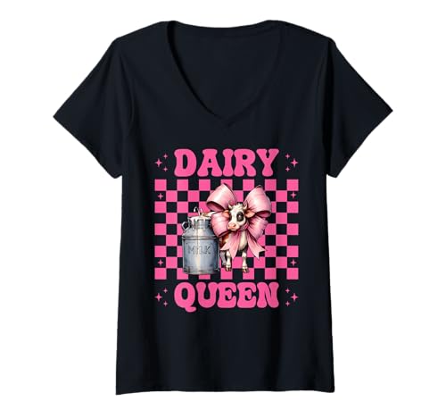 Damen Dairy Queen Dairy Farmer Kuh Milch Landwirtschaft Mädchen Mama Kokette T-Shirt mit V-Ausschnitt von Womens Coquette Bow Dairy Farmer Cow Farming Gifts
