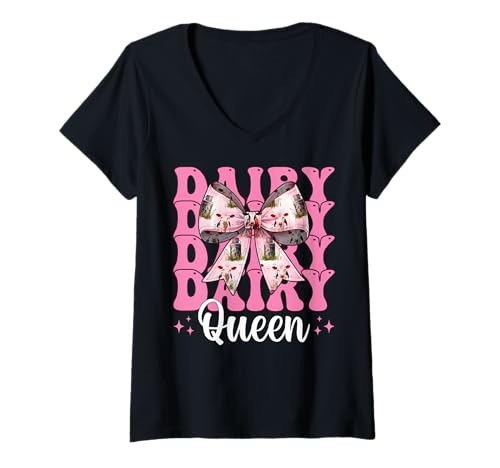 Damen Dairy Queen Dairy Farmer Kuh Milch Landwirtschaft Mädchen Mama Kokette T-Shirt mit V-Ausschnitt von Womens Coquette Bow Dairy Farmer Cow Farming Gifts