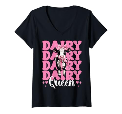 Damen Dairy Queen Dairy Farmer Kuh Milch Landwirtschaft Mädchen Mama Kokette T-Shirt mit V-Ausschnitt von Womens Coquette Bow Dairy Farmer Cow Farming Gifts