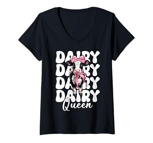 Damen Dairy Queen Dairy Farmer Kuh Milch Landwirtschaft Mädchen Mama Kokette T-Shirt mit V-Ausschnitt von Womens Coquette Bow Dairy Farmer Cow Farming Gifts