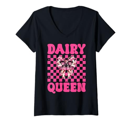 Damen Dairy Queen Dairy Farmer Kuh Milch Landwirtschaft Mädchen Mama Kokette T-Shirt mit V-Ausschnitt von Womens Coquette Bow Dairy Farmer Cow Farming Gifts