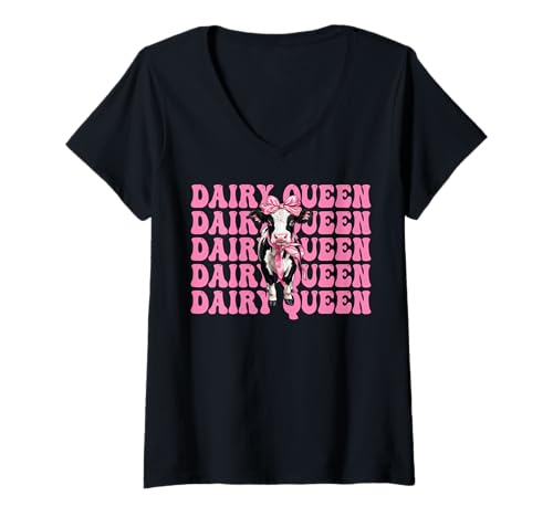 Damen Dairy Queen Dairy Farmer Kuh Milch Landwirtschaft Mädchen Mama Kokette T-Shirt mit V-Ausschnitt von Womens Coquette Bow Dairy Farmer Cow Farming Gifts