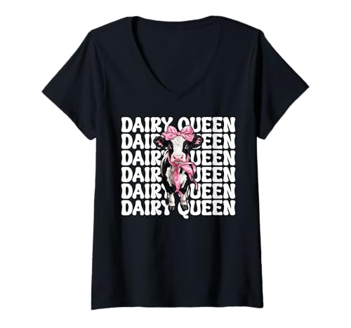 Damen Dairy Queen Dairy Farmer Kuh Milch Landwirtschaft Mädchen Mama Kokette T-Shirt mit V-Ausschnitt von Womens Coquette Bow Dairy Farmer Cow Farming Gifts