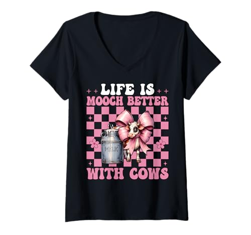 Damen Das Leben ist Besser mit Kühen, Milchbauern, Mädchen aus der Kuhzucht T-Shirt mit V-Ausschnitt von Womens Coquette Bow Dairy Farmer Cow Farming Gifts