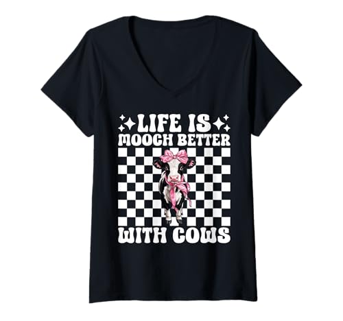 Damen Das Leben ist Besser mit Kühen, Milchbauern, Mädchen aus der Kuhzucht T-Shirt mit V-Ausschnitt von Womens Coquette Bow Dairy Farmer Cow Farming Gifts