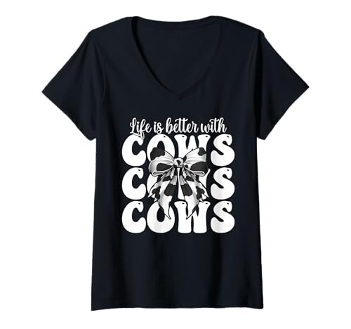 Damen Das Leben ist Besser mit Kühen Dairy Farmer Cow Dairy Farming Girl T-Shirt mit V-Ausschnitt von Womens Coquette Bow Dairy Farmer Cow Farming Gifts