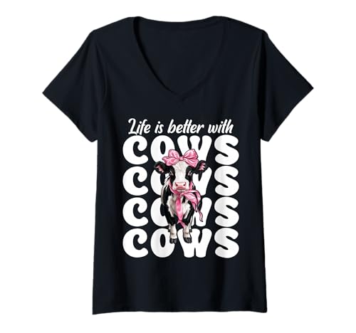 Damen Das Leben ist Besser mit Kühen Dairy Farmer Cow Dairy Farming Girl T-Shirt mit V-Ausschnitt von Womens Coquette Bow Dairy Farmer Cow Farming Gifts