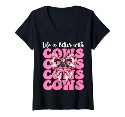 Damen Das Leben ist Besser mit Kühen Dairy Farmer Cow Dairy Farming Girl T-Shirt mit V-Ausschnitt von Womens Coquette Bow Dairy Farmer Cow Farming Gifts