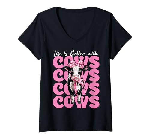 Damen Das Leben ist Besser mit Kühen Dairy Farmer Cow Dairy Farming Girl T-Shirt mit V-Ausschnitt von Womens Coquette Bow Dairy Farmer Cow Farming Gifts