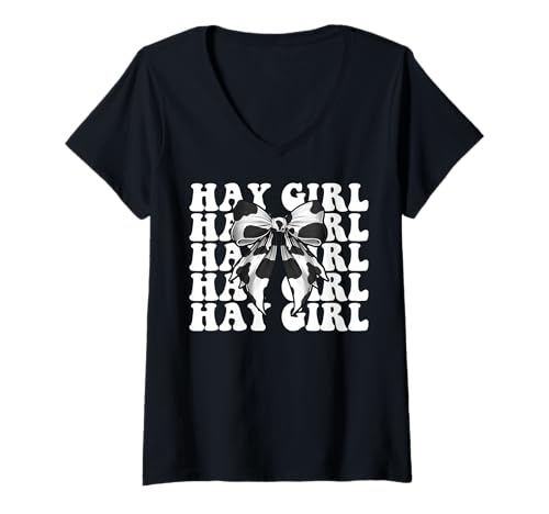 Damen Hay Girl Lustiger Milchbauer Kuh Milch Landwirtschaft Kokette Bogen T-Shirt mit V-Ausschnitt von Womens Coquette Bow Dairy Farmer Cow Farming Gifts